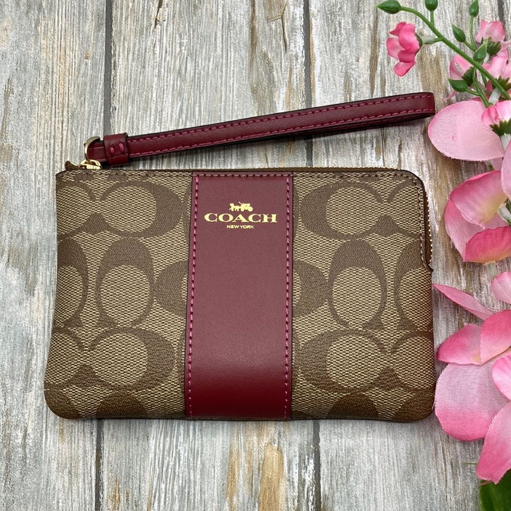 Coach Corner Zip Wristlet In Signature Canvas || Cherry Bag Wallet